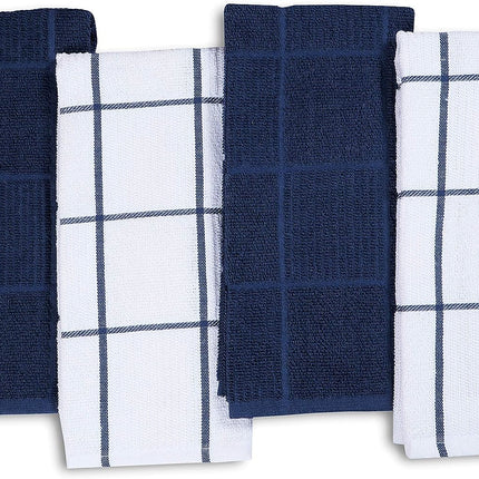 Kitchen Towels Set of 4 - Fast Absorbing, Quick Dry & Super Soft Terry Cotton Dish Towel with Hanging Loop for Cleaning and Drying Dish (16 X 26 Inches - Blue)