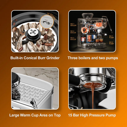 Premium 15 Bar Silver Espresso Machine for Perfect 4-Cup Brews