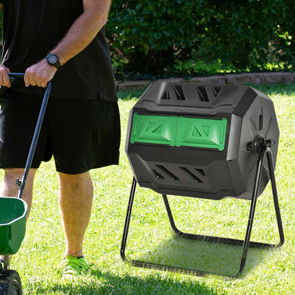 Tumbling Compost Bin Outdoor 360° Dual Chamber Rotating Composter 43 Gallon, Green