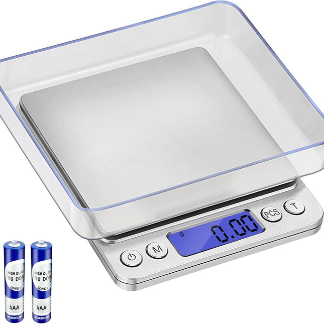 Digital Kitchen Scale, 500G/0.01G Small Pocket Jewelry Scale, Cooking Food Scale Weight Gram and Oz with Back-Lit LCD Display, 2 Trays, 6 Units, Auto Off, Tare, PCS Function, Stainless Steel