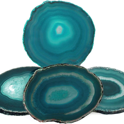 Natural Stone Coasters Set of 4 Blue Agate Crystal Coasters 3-3.5" for Drinks Slice Coaster Cup Mat Beverage Mother Gift