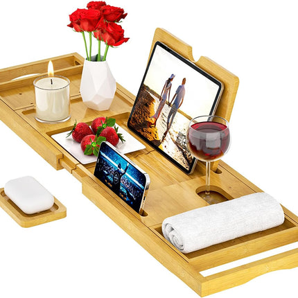 Premium Bathtub Tray Caddy - Bath Tray Bamboo Expandable - Bath Tub Tray Table for Bathtub - Expandable Size, Fits Most Bath Tubs