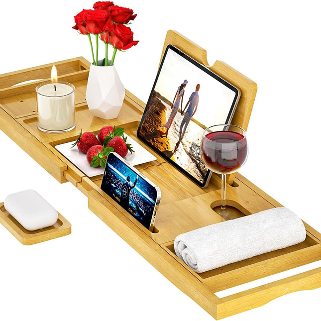 Premium Bathtub Tray Caddy - Bath Tray Bamboo Expandable - Bath Tub Tray Table for Bathtub - Expandable Size, Fits Most Bath Tubs