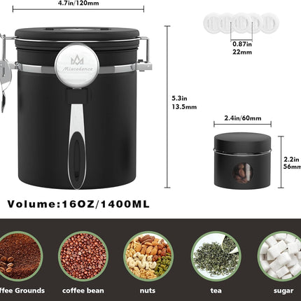 Coffee Canister Set for Ground Coffee with Date Tracker,Co2 Valve,Travel Jar,Stainless Steel Kitchen Food Airtight Storage Container for Coffee Beans or Grounds,Tea,Sugar (16Oz-Black)