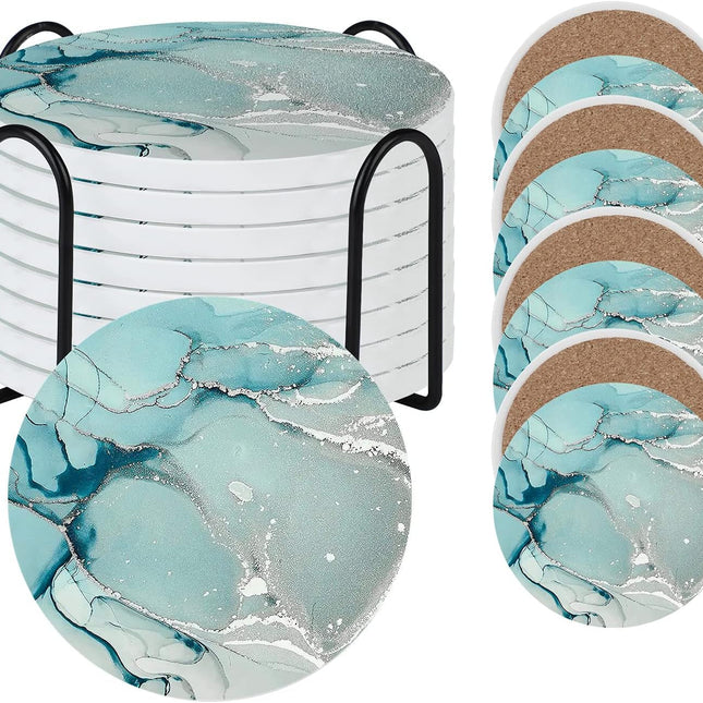 Marble Coasters for Drinks-Absorbent Creamic Coaster with Holder, Set of 8 Aqua Marble Ceramic Stone Cups Coaster with Cork Base for Coffee Table, Kitchen Bar Office Table Decor