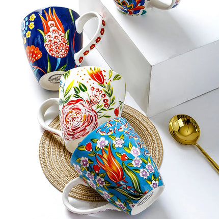 Hand-Painted Ceramic Breakfast Cups, Flower Pattern, Milk, Oatmeal, Coffee Cup, Exquisite White Porcelain Mug, 550Ml