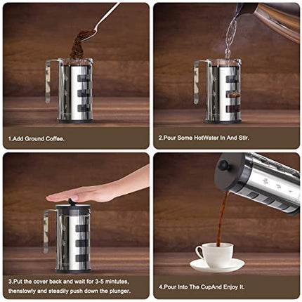 French Press Cafetiere 4 Cups, Stainless Steel Body Shell Coffee Maker- Heat Resistant - Stainless Steel Filter Coffee Press for Coffee Lover, Silver, 350 Ml & 600Ml