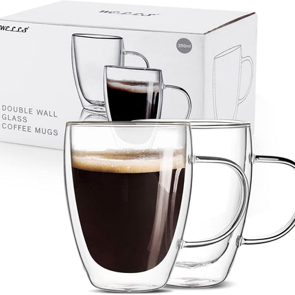 12 Oz Double Walled Glass Coffee Mugs with Handle, Insulated Layer Coffee Cups, Clear Borosilicate Glass Mugs - Gift for Cappuccino,Tea,Latte,Espresso,Hot Beverage,Cold Drinks, Set of 2