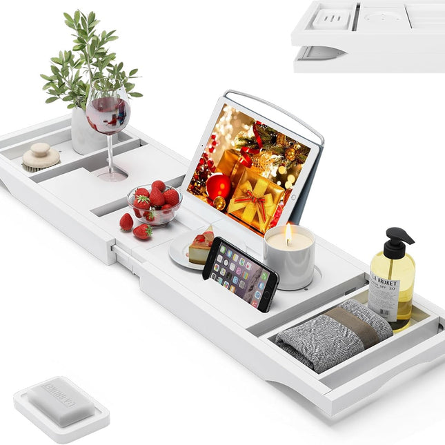 Foldable Bamboo Bathtub Caddy Tray Expandable for Luxury Bath, Bath Accessories & Table with Wine Glass Holder, Book Stand Bathroom Organizer with Extending Sides for Men/Women,White
