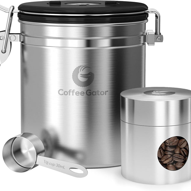 Coffee Canister, Stainless Steel Airtight Coffee Containers for Ground Coffee with Date-Tracker, Co2-Release Valve, Measuring Scoop & Travel Jar - Medium, 16 Oz, Silver