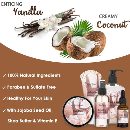 Spa Gift Baskets for Women - Luxury Bath Set with Coconut & Vanilla - Spa Kit Includes Body Wash, Bubble Bath, Lotion, Body Butter, Soap, Body Spray, Shower Puff, and Towel