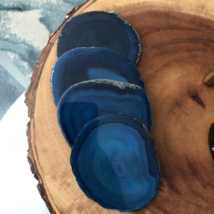 Natural Stone Coasters Set of 4 Blue Agate Crystal Coasters 3-3.5" for Drinks Slice Coaster Cup Mat Beverage Mother Gift