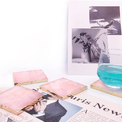 Rose Quartz Decor Coaster, Natural Pink Crystal Coasters Gold Edge Set of 4 (Square 3.5''-4)