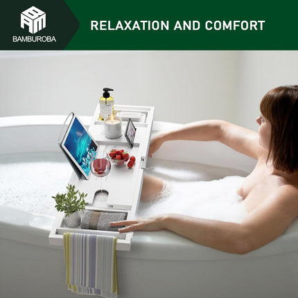 Foldable Bamboo Bathtub Caddy Tray Expandable for Luxury Bath, Bath Accessories & Table with Wine Glass Holder, Book Stand Bathroom Organizer with Extending Sides for Men/Women,White